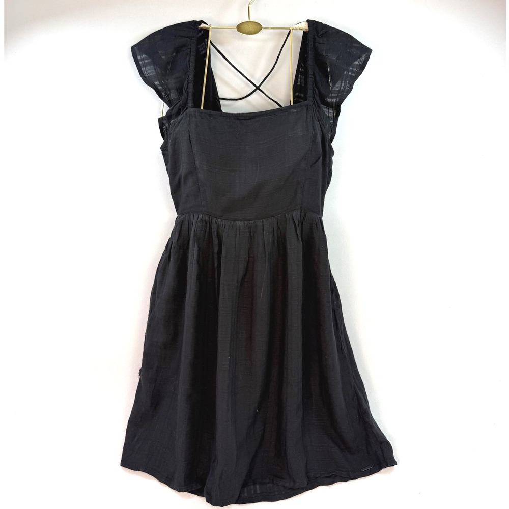 Volcom Womens Black Textured Lace Up Back Mini Dress Flutter Sleeve Size S 4/6